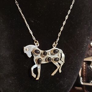 New Sterling Silver & Black Onyx Horse Adjustable Necklace